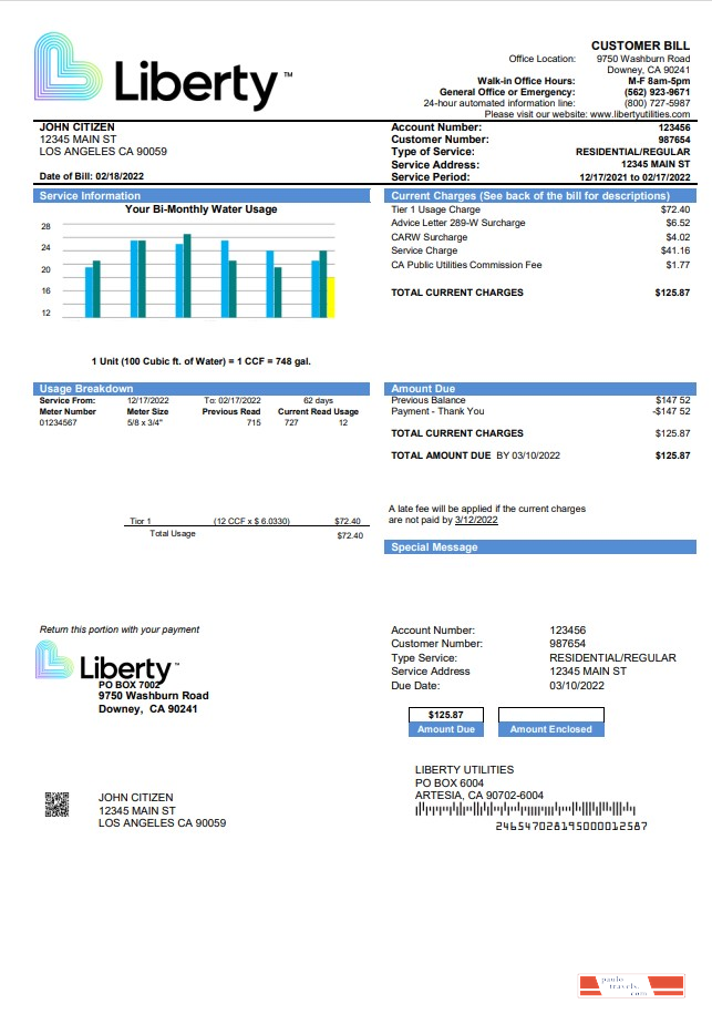 USA California Liberty Utilities utility bill template in Word and PDF format